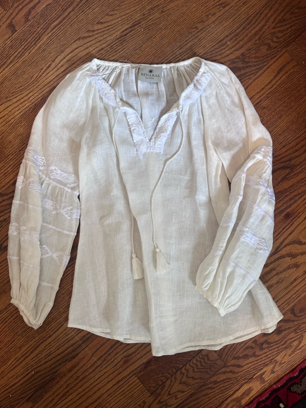 Benaras by Citrus Ivory Embroidered Blouse | Sheer Linen Tunic Top